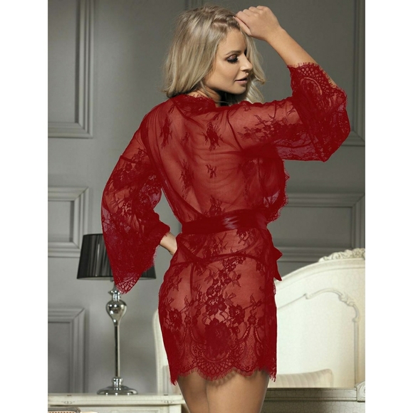 🎀 Red Delicate Lace Sleepwear Gown - Picture 3 of 9